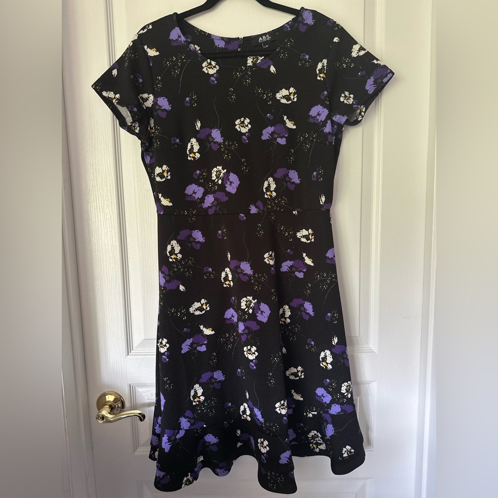 ABS Black & Purple Floral Dress L NWOT